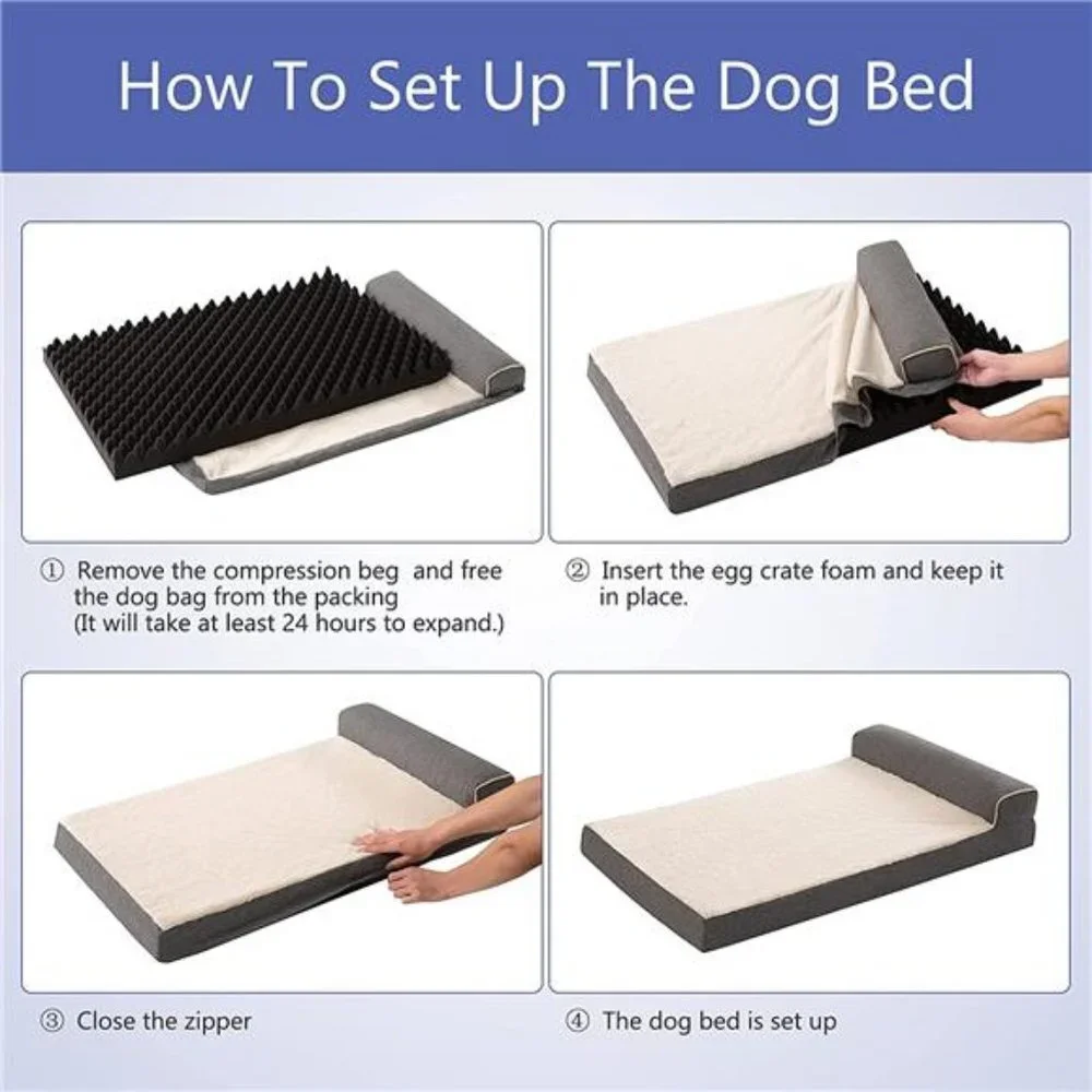 T-Shape Orthopedic Large Dog Bed, Bolster Washable Covers (Grey, Medium)